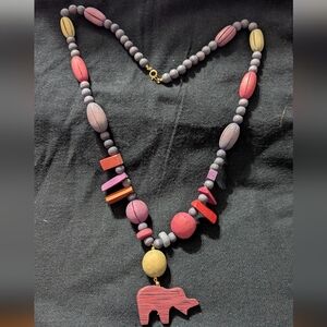 Vintage Purple Red Green Wooden Beaded Rhinoceros Pendant Statement Necklace